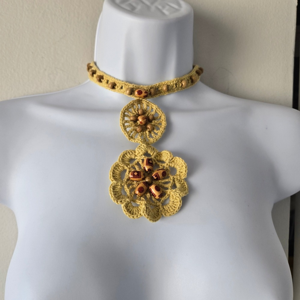 La Casa del Angel Yellow Crochet Beaded Chocker Necklace Boho Artisan Floral